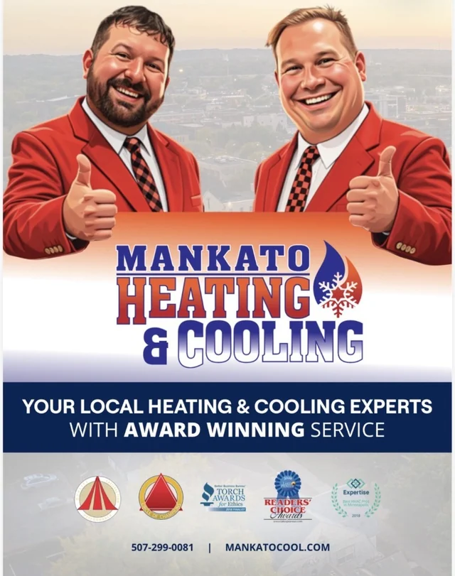 Mankato Heating & Cooling award flyer: two owners in red Bryant jackets beside the company's award badges
