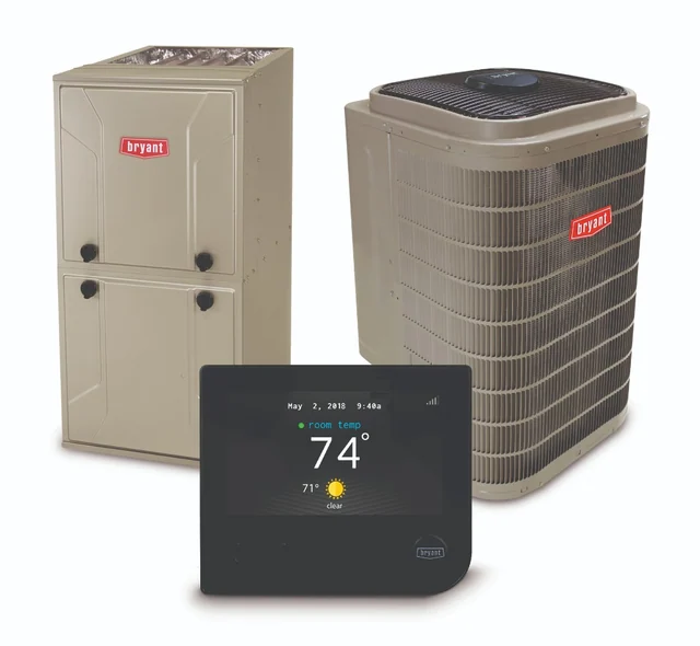 A Bryant gas furnace, air conditioner, and smart thermostat — the equipment Mankato Heating & Cooling installs
